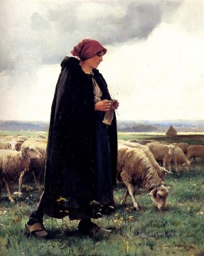 Julien Dupre Painting - A Sheperdess With Her Flock farm life Realism Julien Dupre